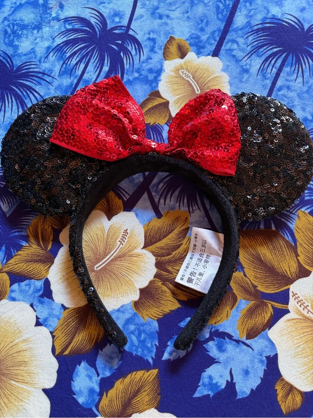 Disney Parks Minnie Mouse Black Sequin Ears Headband with Red Bow